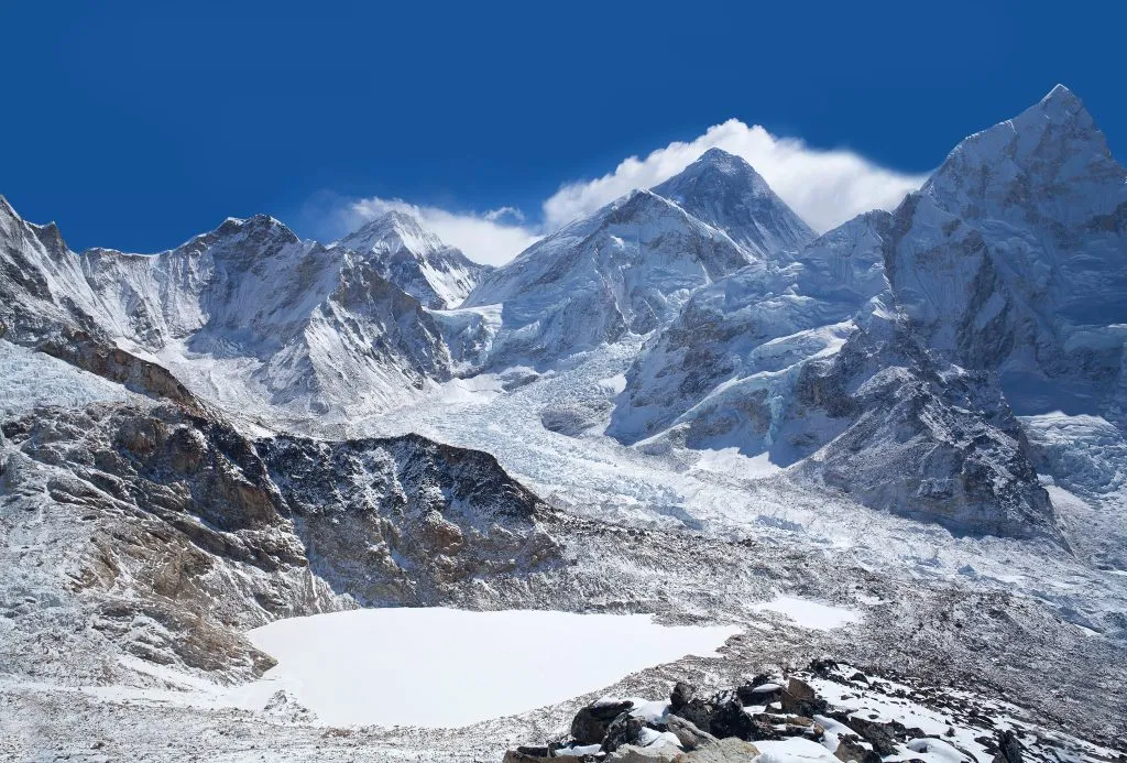Everest en Nuptse vanaf de Kala Patthar piek in het Sagarmatha National Park, Everest regio, Nepal Himalaya. Everest basiskamp trektocht